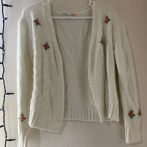 Ivory Cable Knit Cardigan with Floral Embroidery